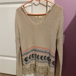 Hollister Beige V-Neck Sweater with Fringe